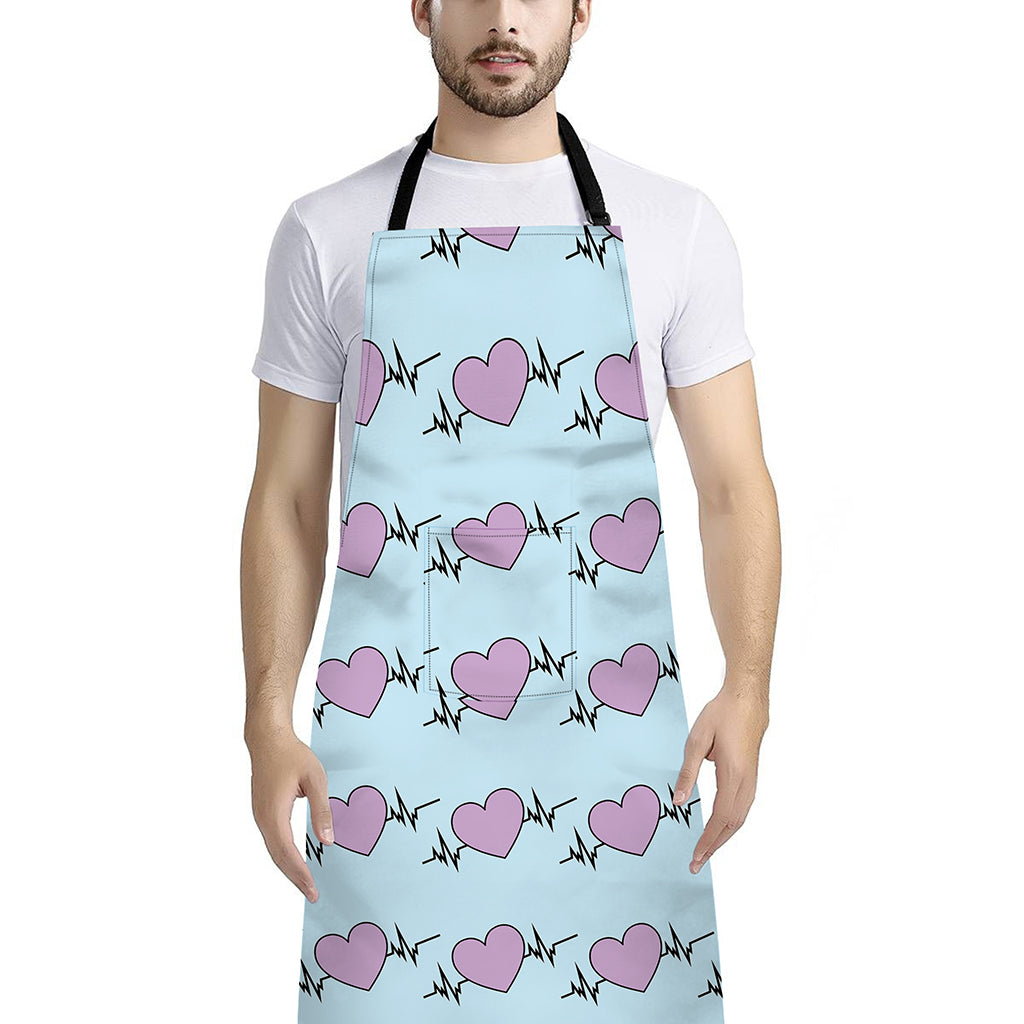 Pink Heartbeat Pattern Print Bib Apron With Pocket