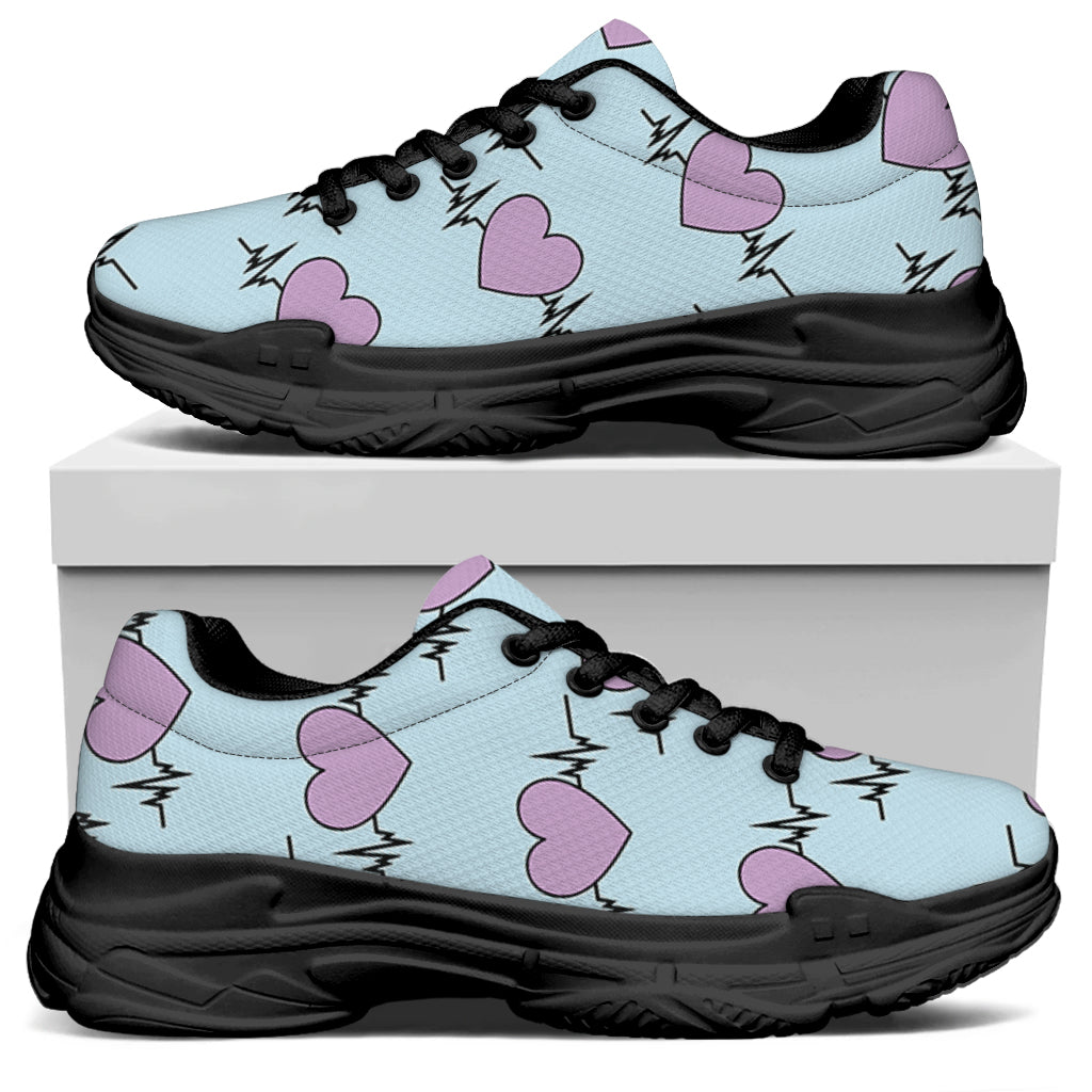 Pink Heartbeat Pattern Print Black Chunky Shoes