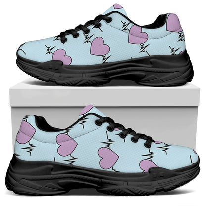 Pink Heartbeat Pattern Print Black Chunky Shoes