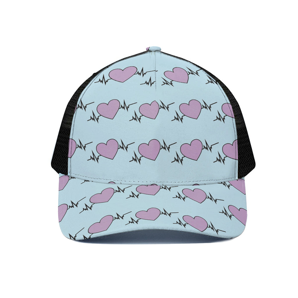 Pink Heartbeat Pattern Print Black Mesh Trucker Cap