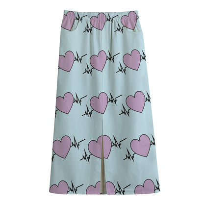 Pink Heartbeat Pattern Print Cotton Front Slit Maxi Skirt