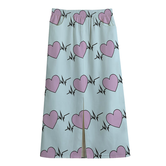 Pink Heartbeat Pattern Print Cotton Front Slit Maxi Skirt