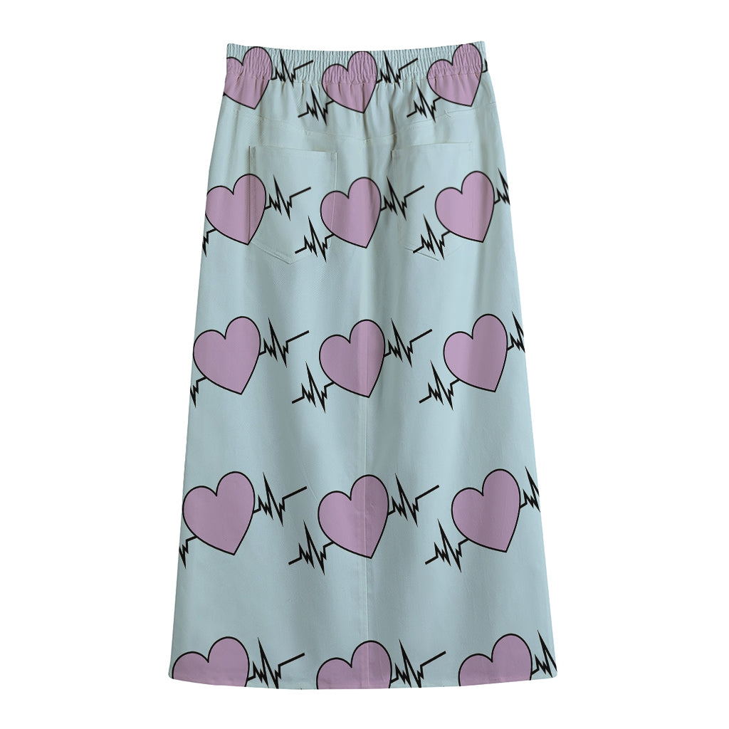 Pink Heartbeat Pattern Print Cotton Front Slit Maxi Skirt