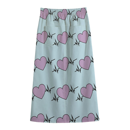 Pink Heartbeat Pattern Print Cotton Front Slit Maxi Skirt