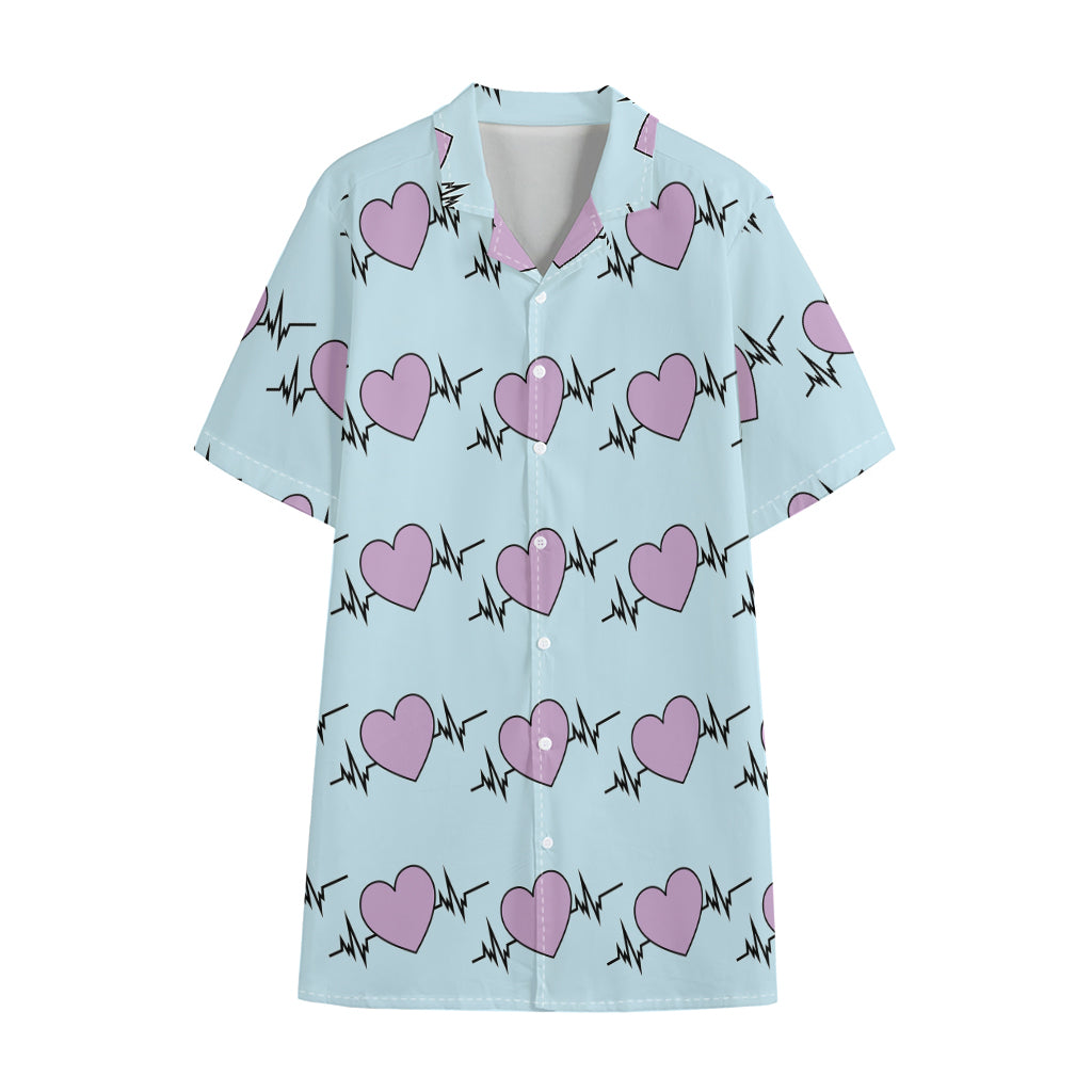 Pink Heartbeat Pattern Print Cotton Hawaiian Shirt