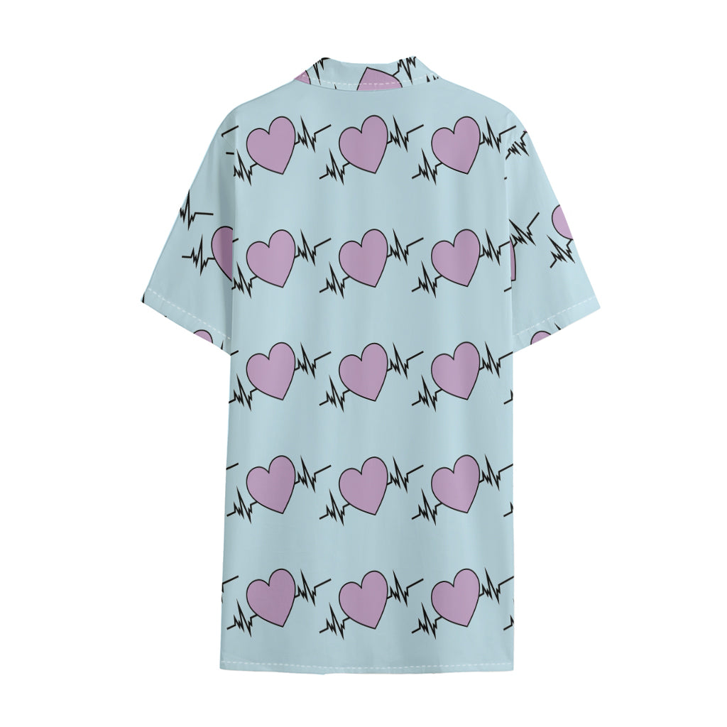 Pink Heartbeat Pattern Print Cotton Hawaiian Shirt