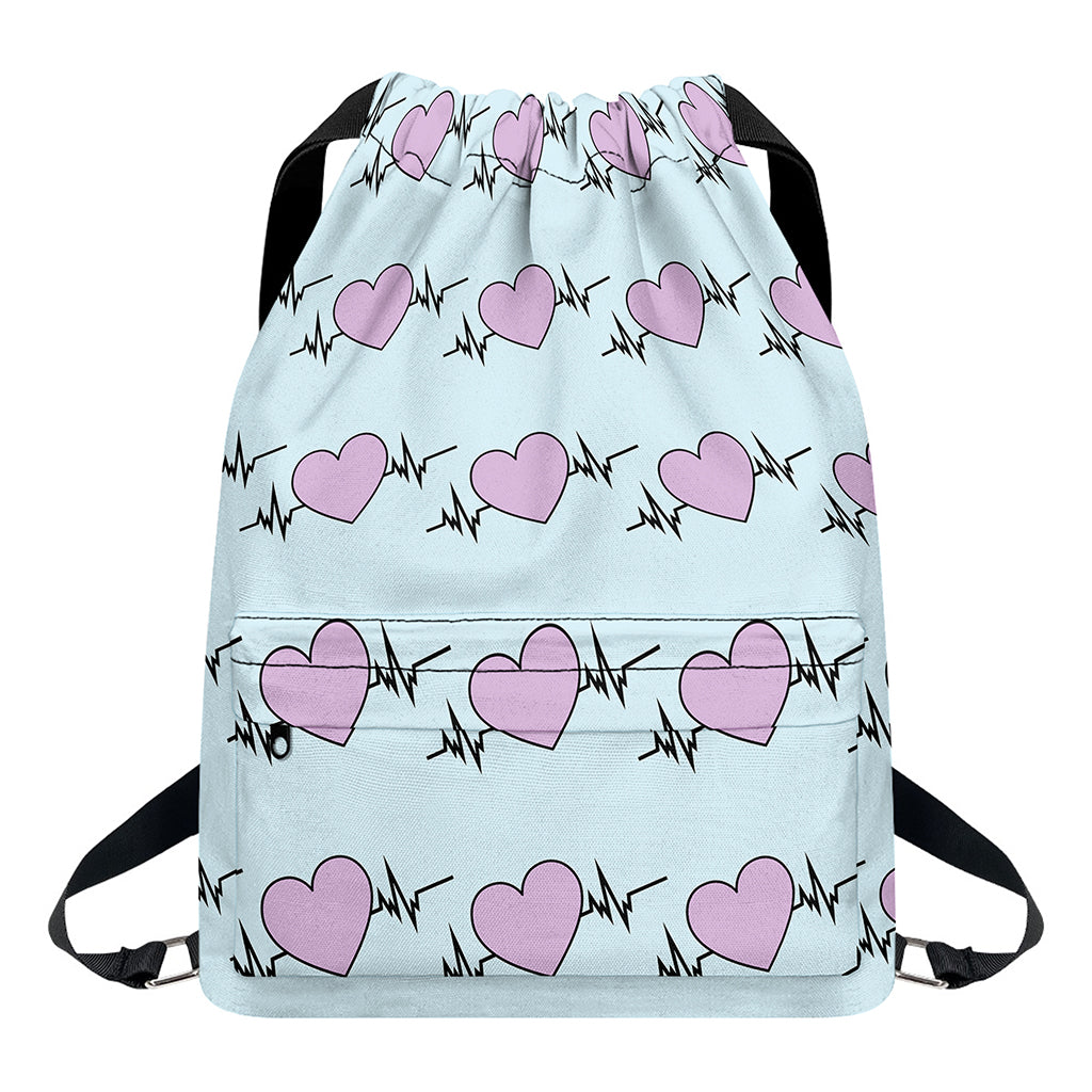 Pink Heartbeat Pattern Print Drawstring Backpack