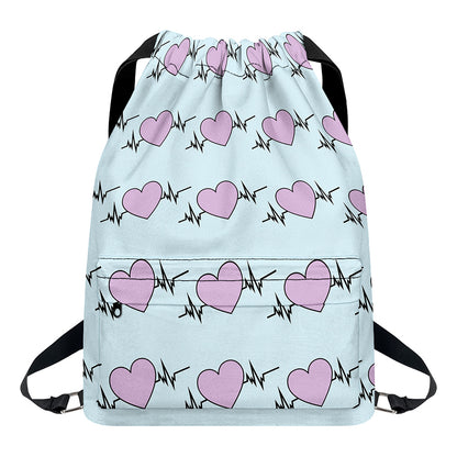Pink Heartbeat Pattern Print Drawstring Backpack