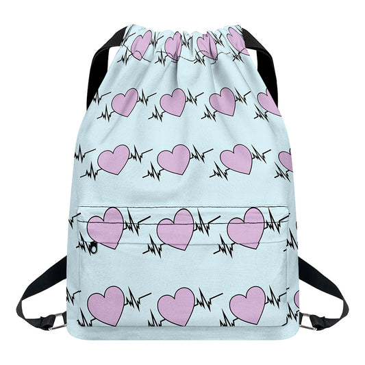 Pink Heartbeat Pattern Print Drawstring Backpack