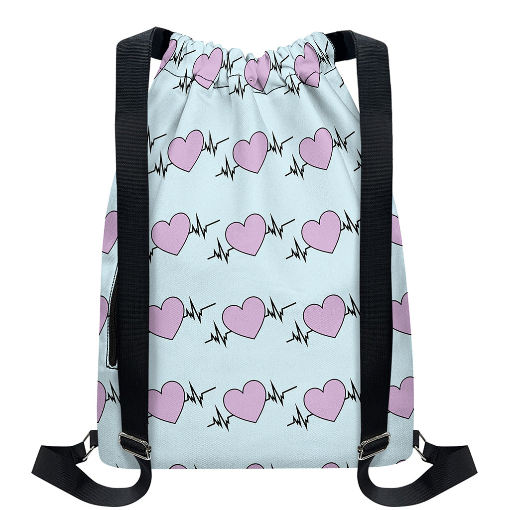 Pink Heartbeat Pattern Print Drawstring Backpack