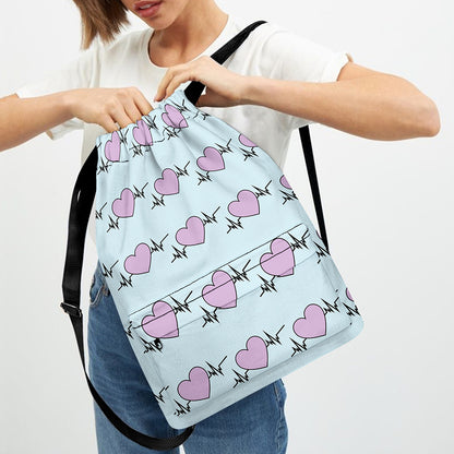 Pink Heartbeat Pattern Print Drawstring Backpack