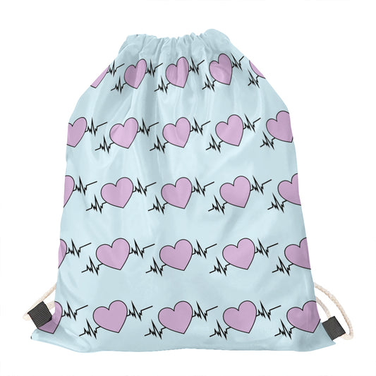 Pink Heartbeat Pattern Print Drawstring Bag