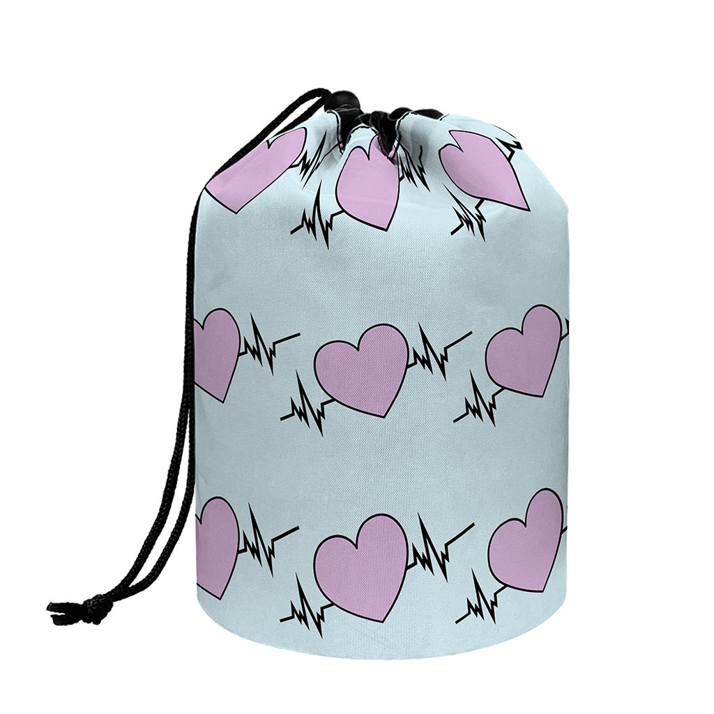 Pink Heartbeat Pattern Print Drawstring Makeup Bag