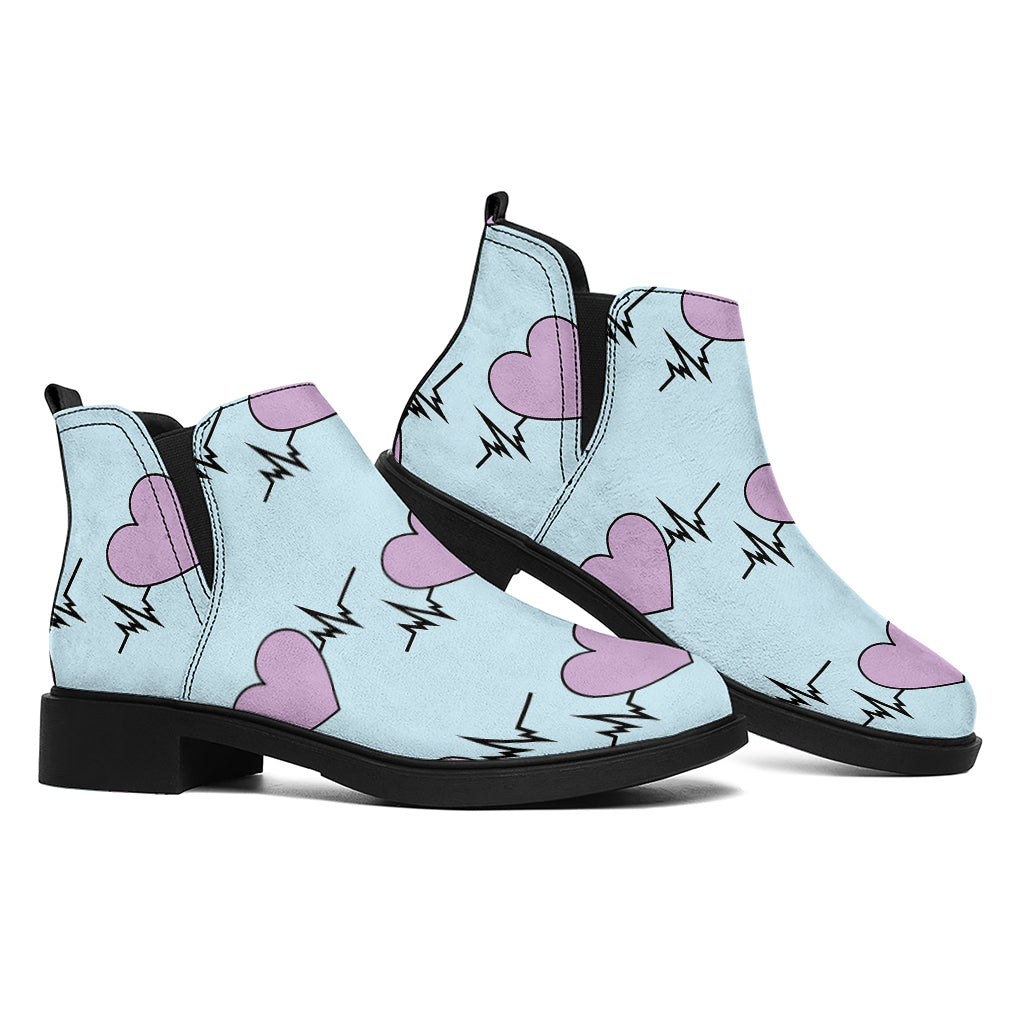 Pink Heartbeat Pattern Print Flat Ankle Boots