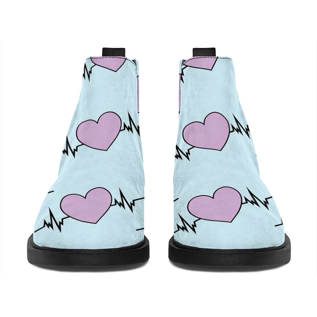 Pink Heartbeat Pattern Print Flat Ankle Boots