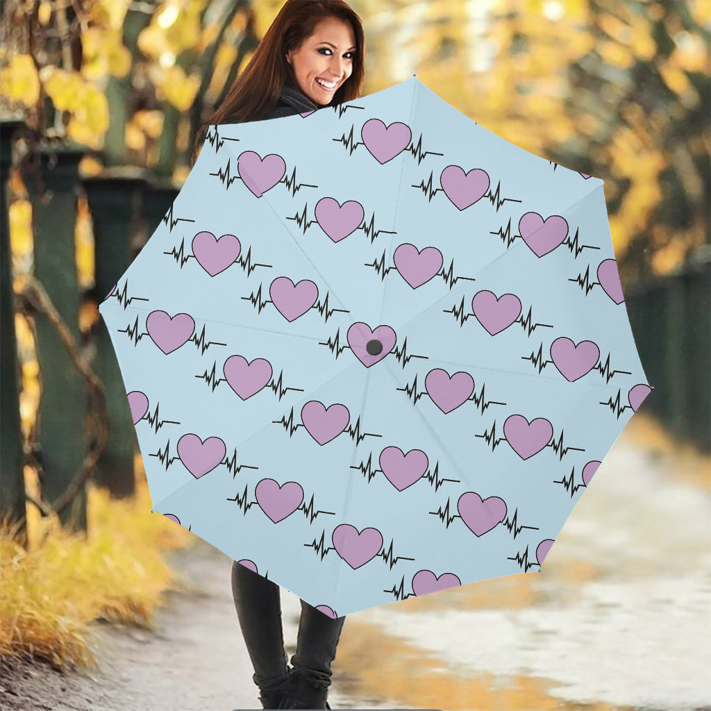 Pink Heartbeat Pattern Print Foldable Umbrella