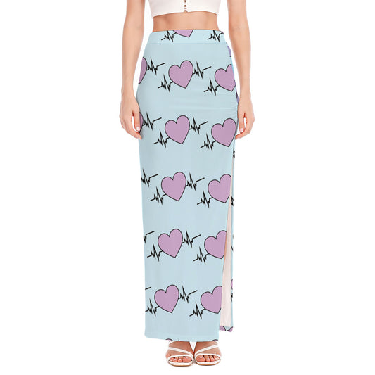 Pink Heartbeat Pattern Print High Slit Maxi Skirt
