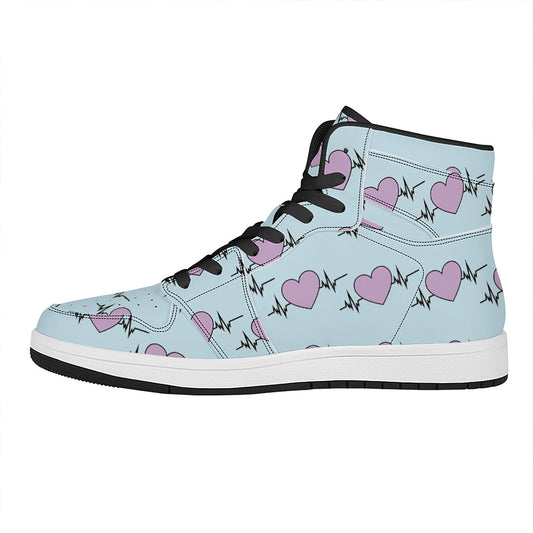 Pink Heartbeat Pattern Print High Top Leather Sneakers