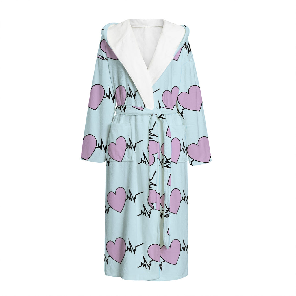 Pink Heartbeat Pattern Print Hooded Bathrobe