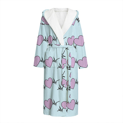 Pink Heartbeat Pattern Print Hooded Bathrobe