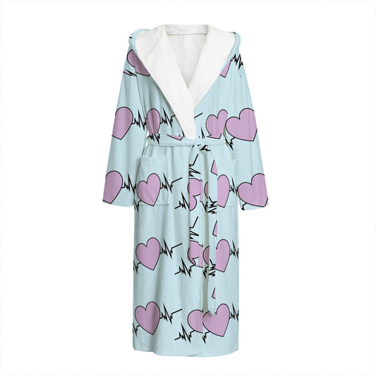 Pink Heartbeat Pattern Print Hooded Bathrobe