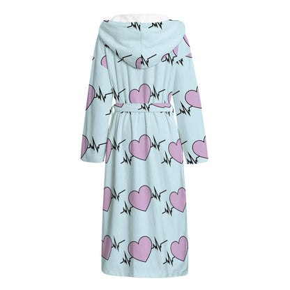 Pink Heartbeat Pattern Print Hooded Bathrobe
