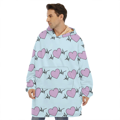 Pink Heartbeat Pattern Print Hoodie Blanket