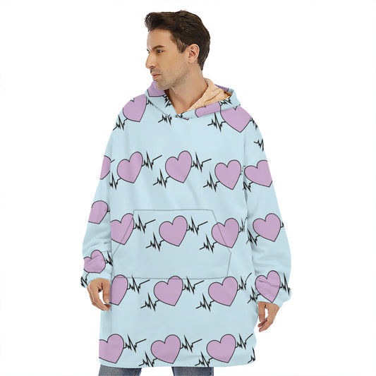 Pink Heartbeat Pattern Print Hoodie Blanket