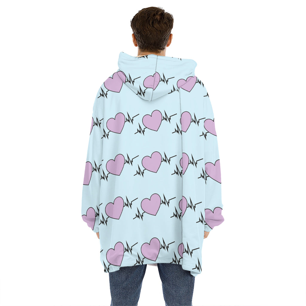 Pink Heartbeat Pattern Print Hoodie Blanket