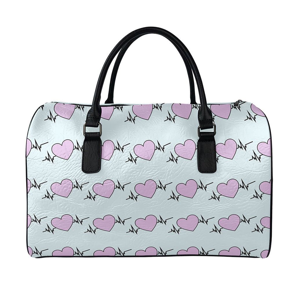 Pink Heartbeat Pattern Print Leather Duffle Bag