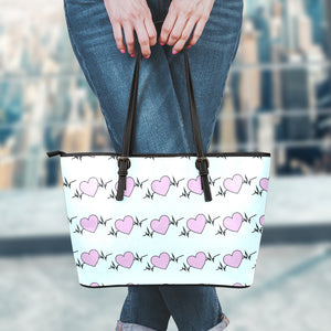 Pink Heartbeat Pattern Print Leather Tote Bag