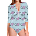 Pink Heartbeat Pattern Print Long Sleeve Swimsuit