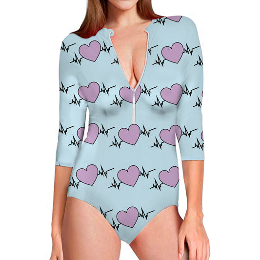 Pink Heartbeat Pattern Print Long Sleeve Swimsuit