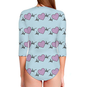 Pink Heartbeat Pattern Print Long Sleeve Swimsuit