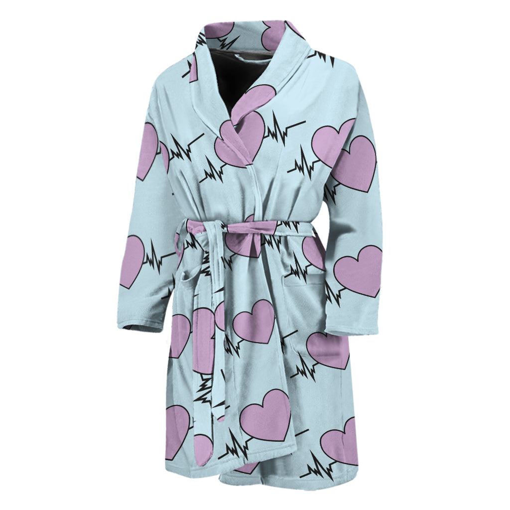 Pink Heartbeat Pattern Print Men's Bathrobe