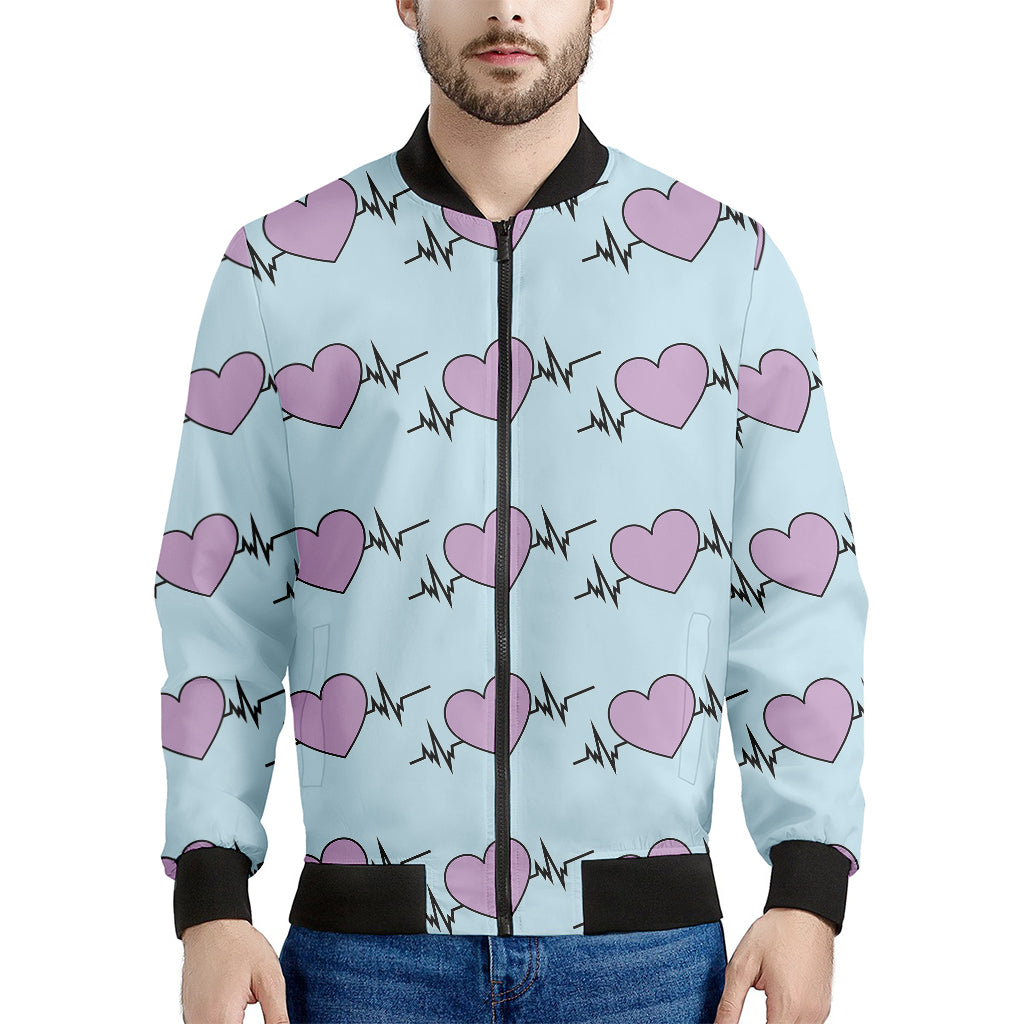 Pink Heartbeat Pattern Print Men's Bomber Jacket