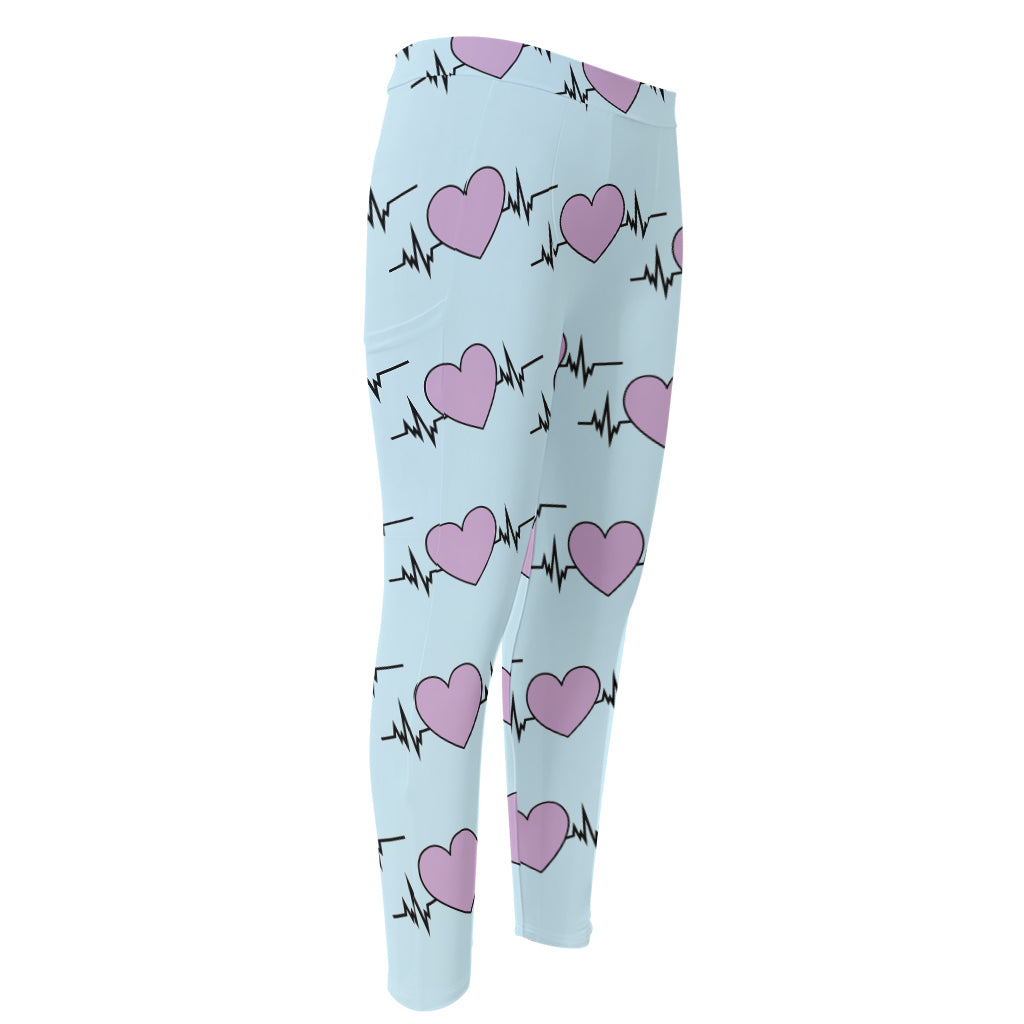 Pink Heartbeat Pattern Print Men's Compression Pants