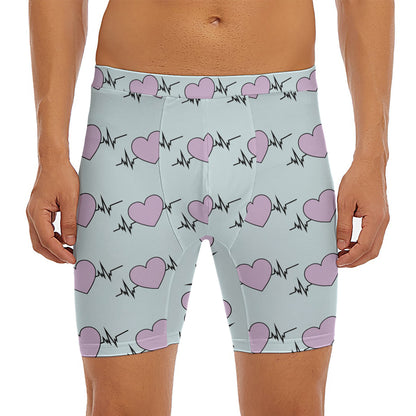 Pink Heartbeat Pattern Print Men's Long Boxer Briefs