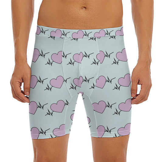Pink Heartbeat Pattern Print Men's Long Boxer Briefs