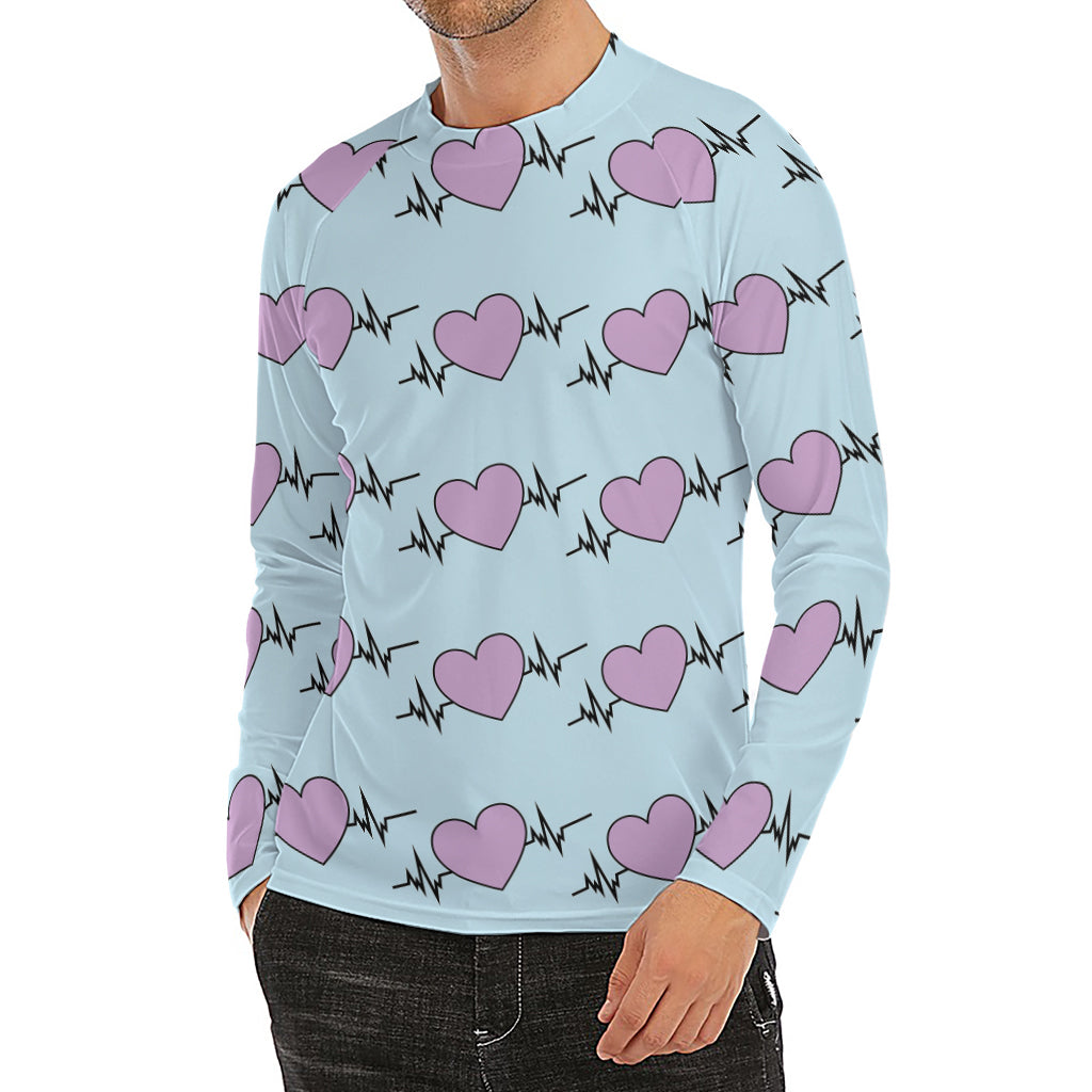 Pink Heartbeat Pattern Print Men's Long Sleeve Rash Guard