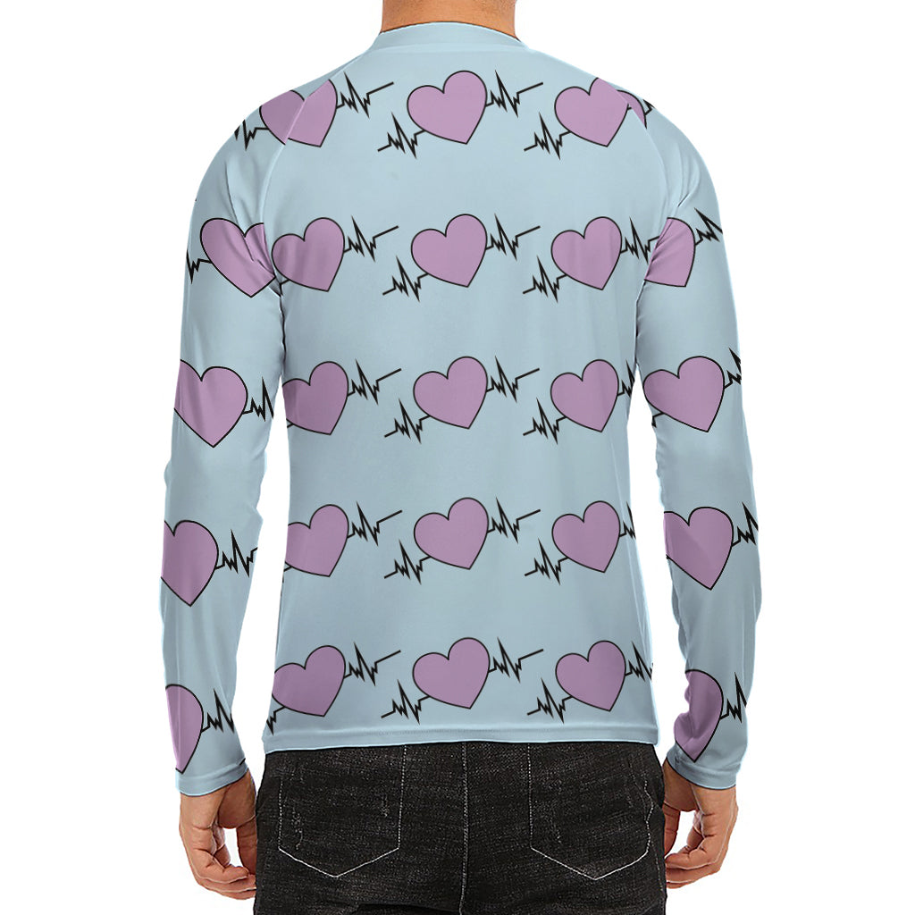 Pink Heartbeat Pattern Print Men's Long Sleeve Rash Guard