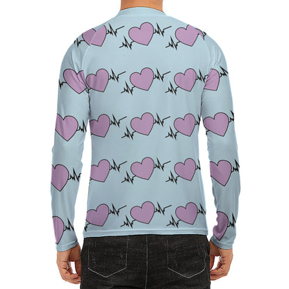 Pink Heartbeat Pattern Print Men's Long Sleeve Rash Guard