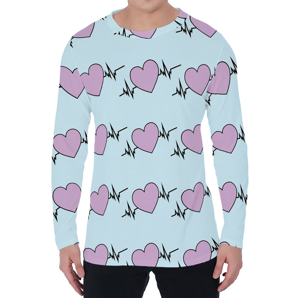 Pink Heartbeat Pattern Print Men's Long Sleeve T-Shirt