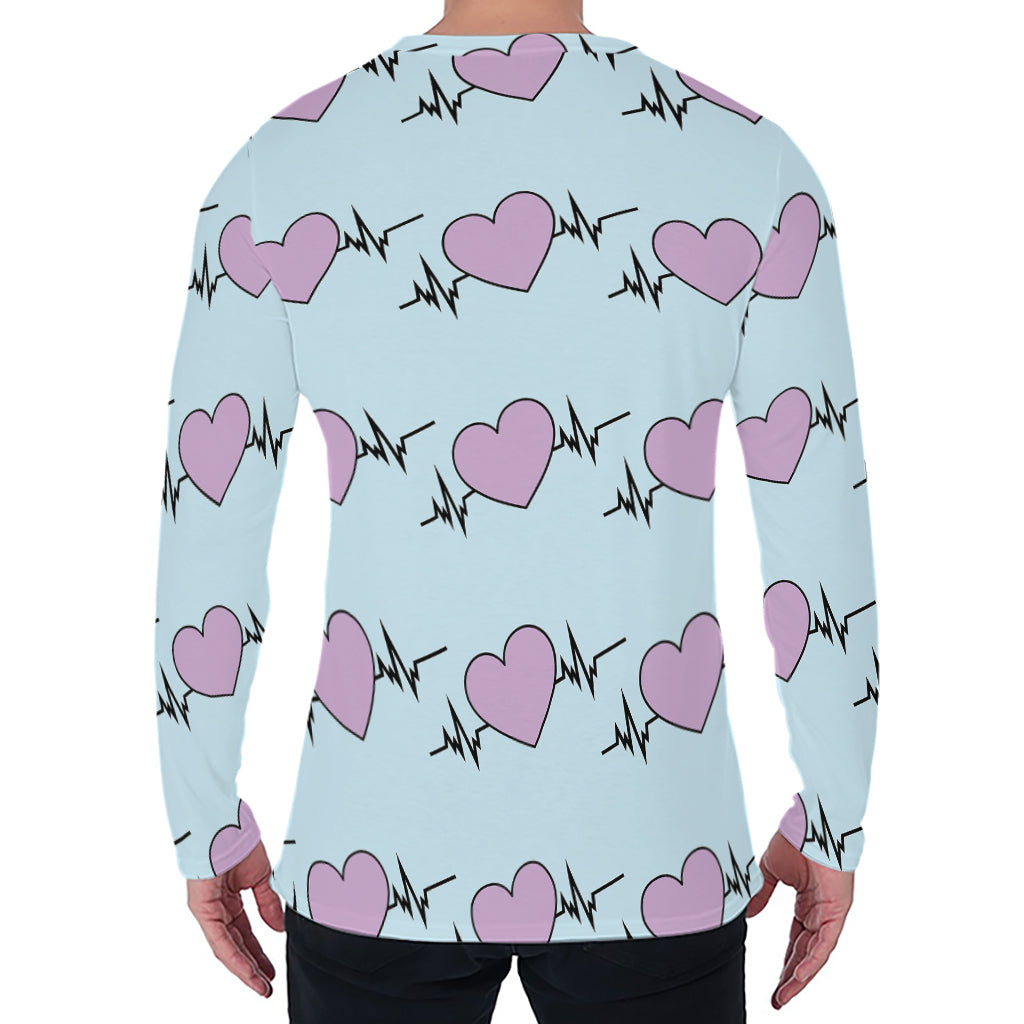 Pink Heartbeat Pattern Print Men's Long Sleeve T-Shirt