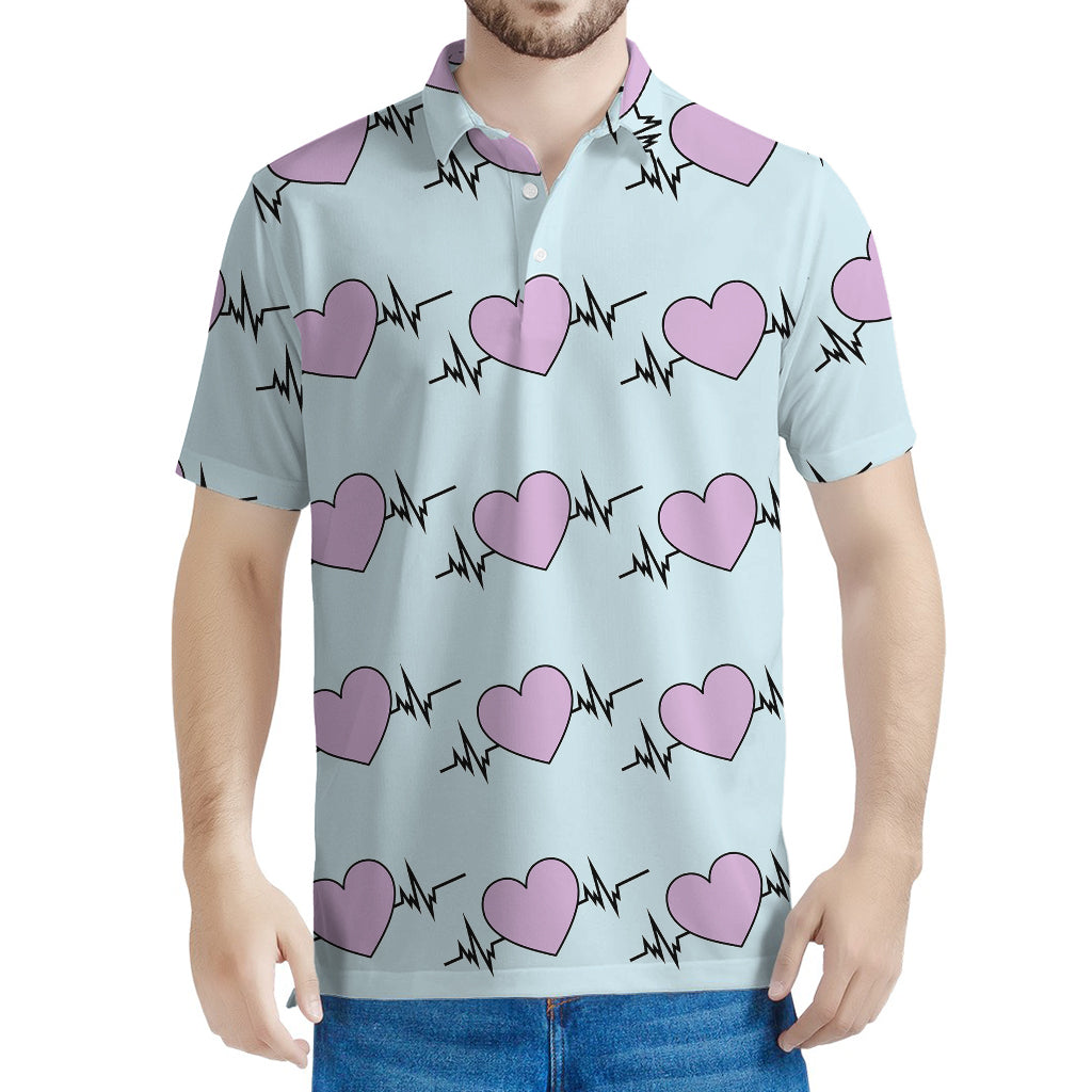 Pink Heartbeat Pattern Print Men's Polo Shirt