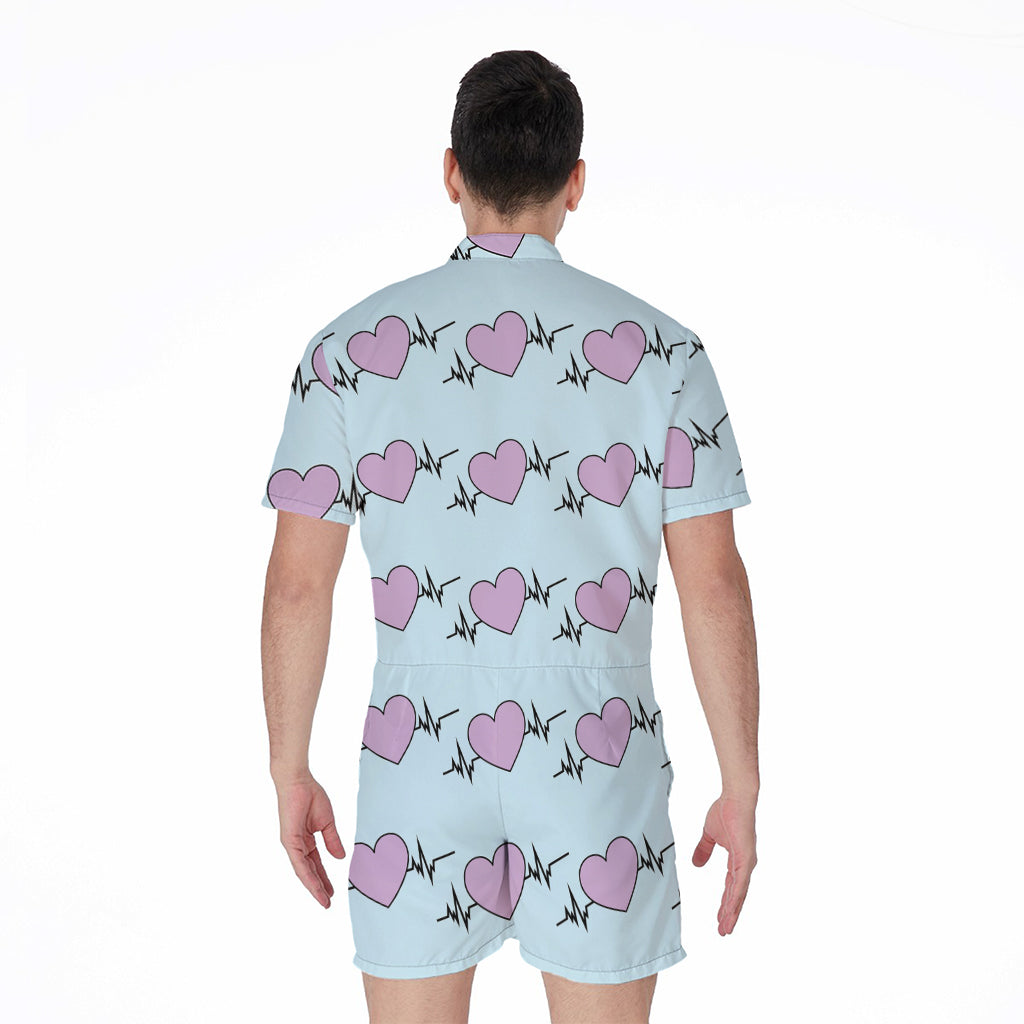 Pink Heartbeat Pattern Print Men's Rompers
