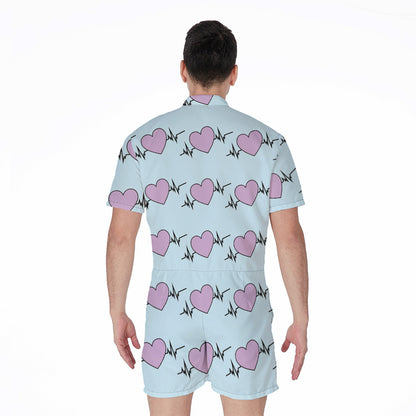 Pink Heartbeat Pattern Print Men's Rompers