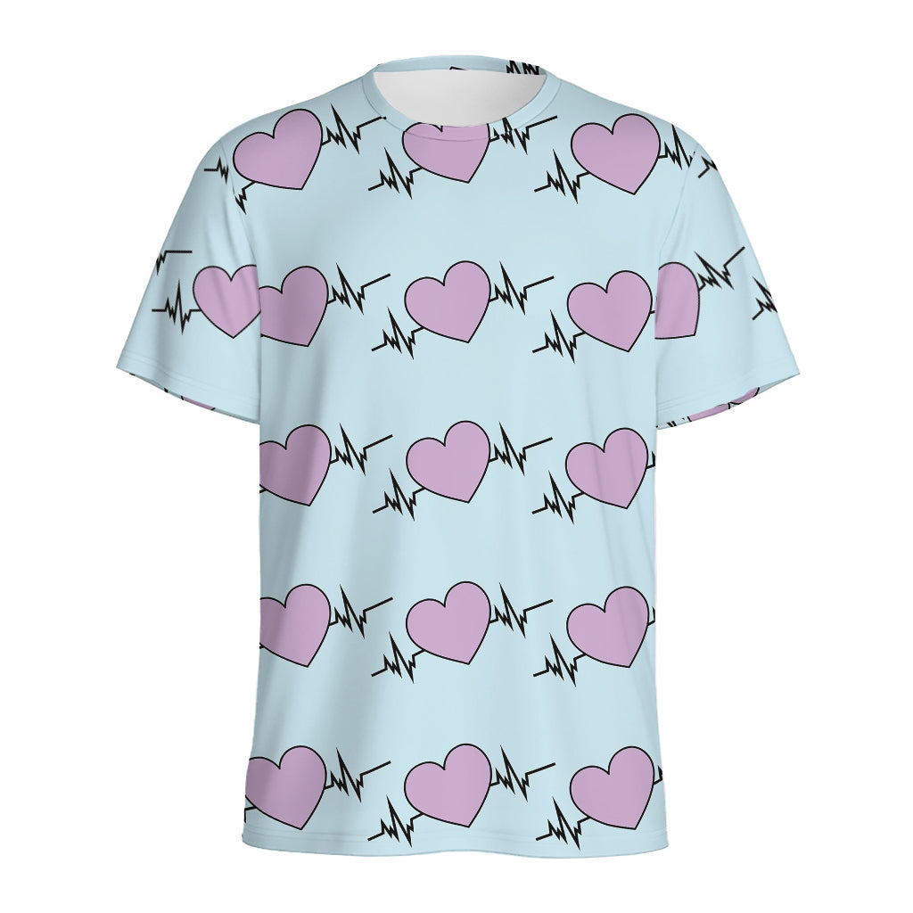 Pink Heartbeat Pattern Print Men's Sports T-Shirt