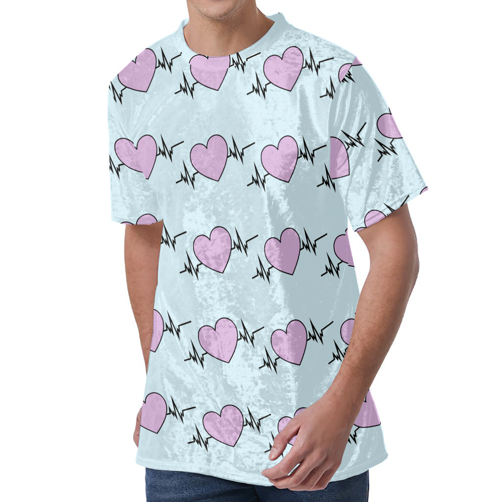 Pink Heartbeat Pattern Print Men's Velvet T-Shirt