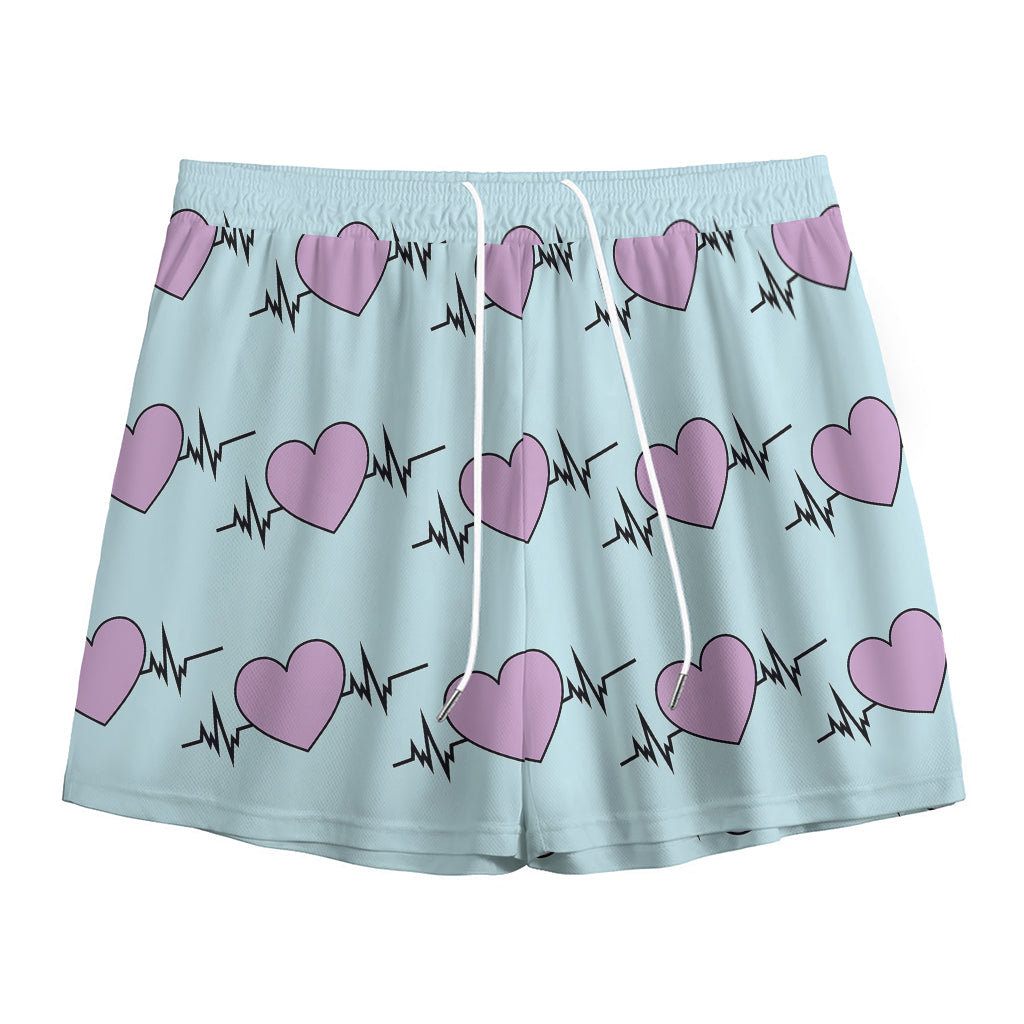 Pink Heartbeat Pattern Print Mesh Shorts
